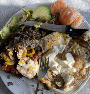 Chicken, eggs, avocado, mandarin